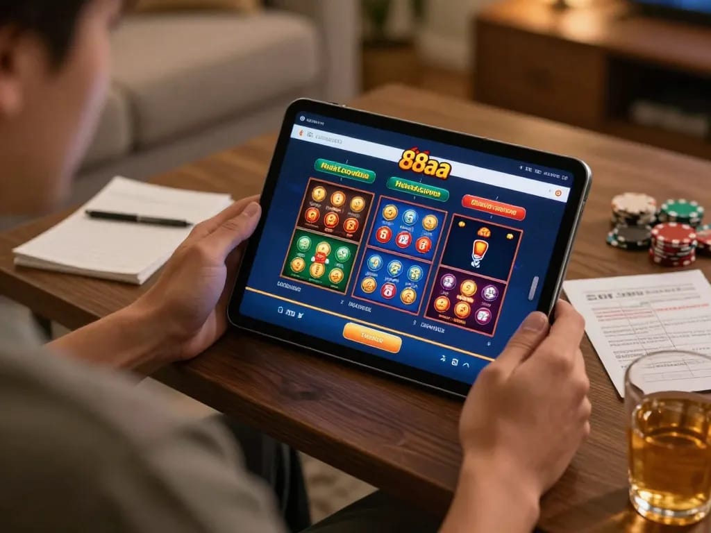 Player enjoying online gaming experience with nhà cái 88aa on a tablet in a cozy home setting.