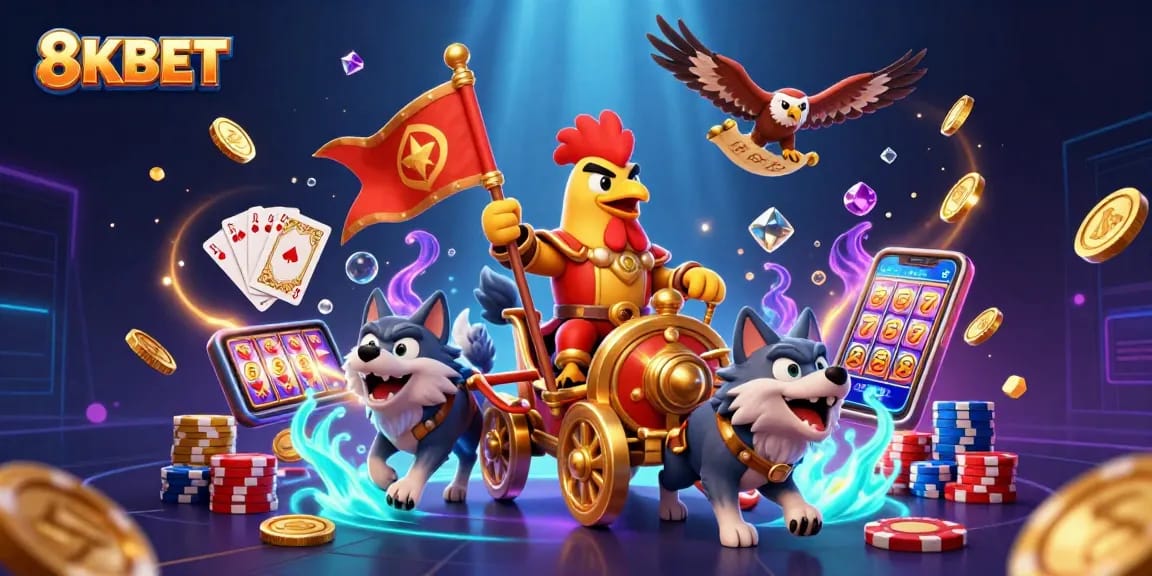 Experience epic gaming with 8KBET in a vibrant 3D casino scene filled with action.