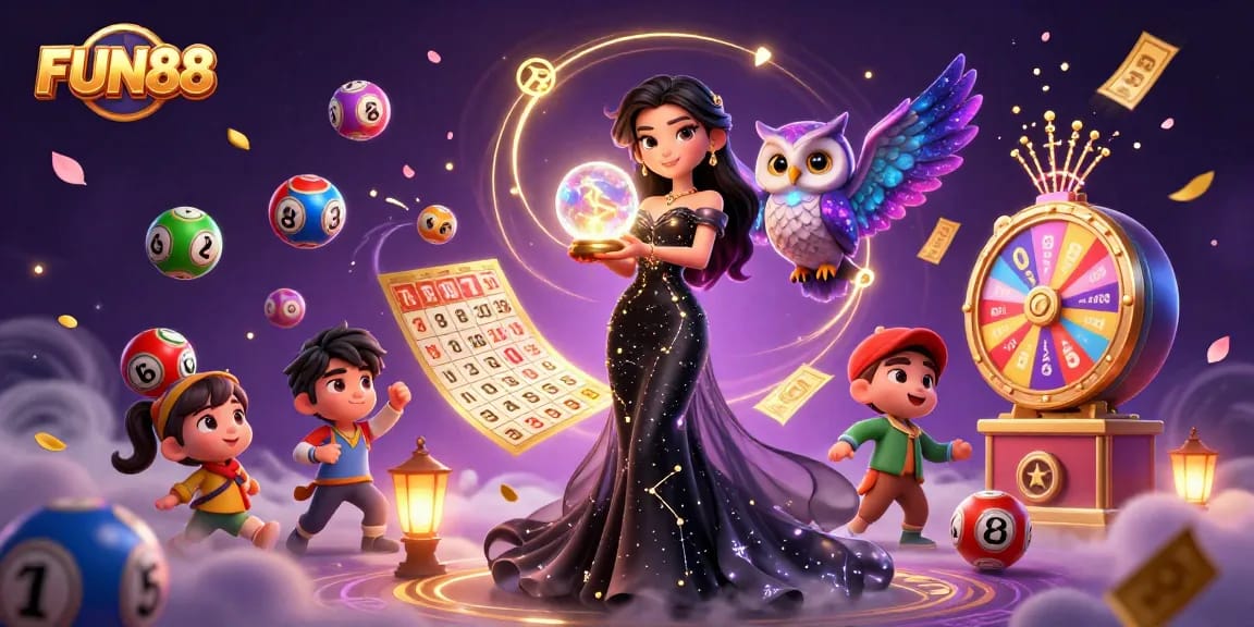Experience FUN88's dynamic world of gambling with an enchanting crystal ball, lively games, and mystical characters.
