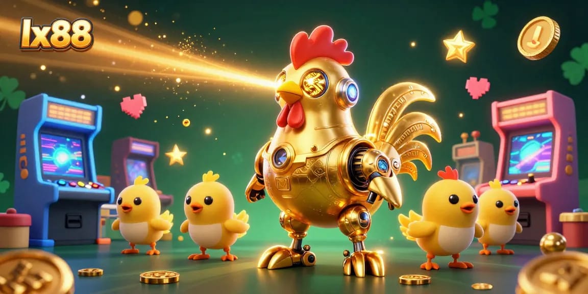 Engage with lx88's dynamic gaming universe featuring a golden rooster robot and baby chick drones.
