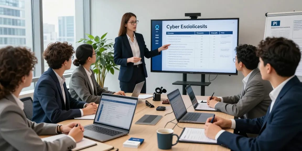 Engaged team discussing the cyber essentials plus cost in a modern office setting.