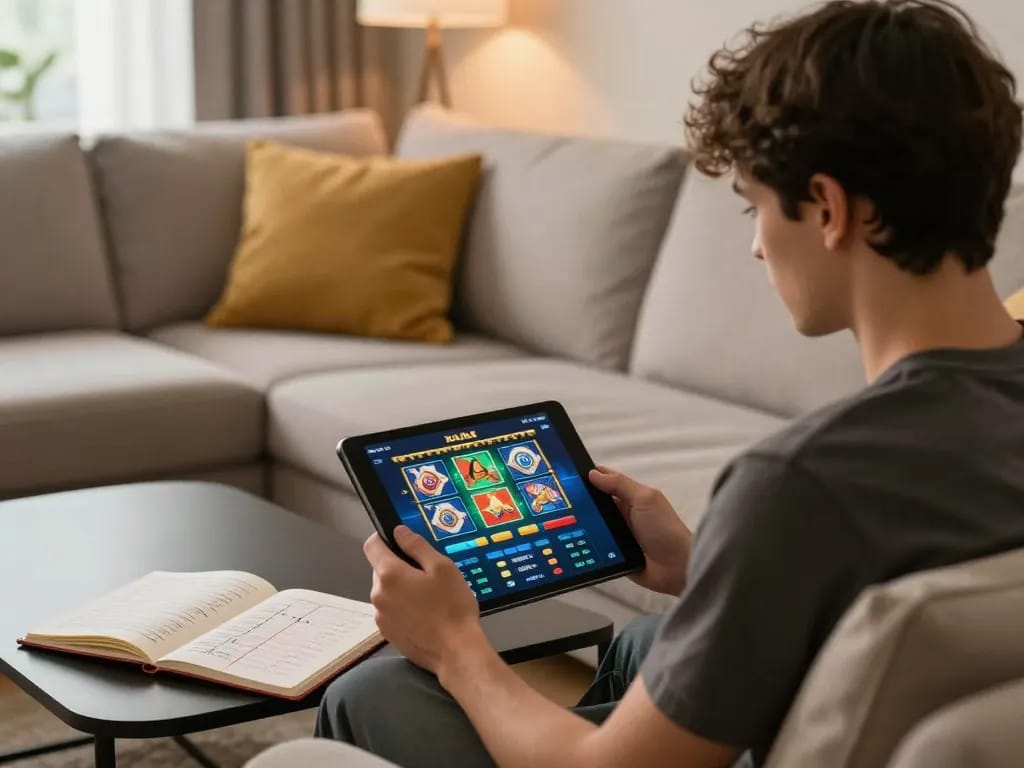 Player engaging with raja slot app on tablet in a cozy home environment, focusing on strategic betting.