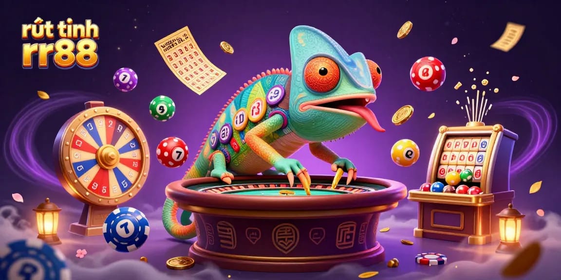 Engage in rút tiền rr88 with a vibrant 3D casino scene featuring a chameleon owner and dynamic lottery elements.