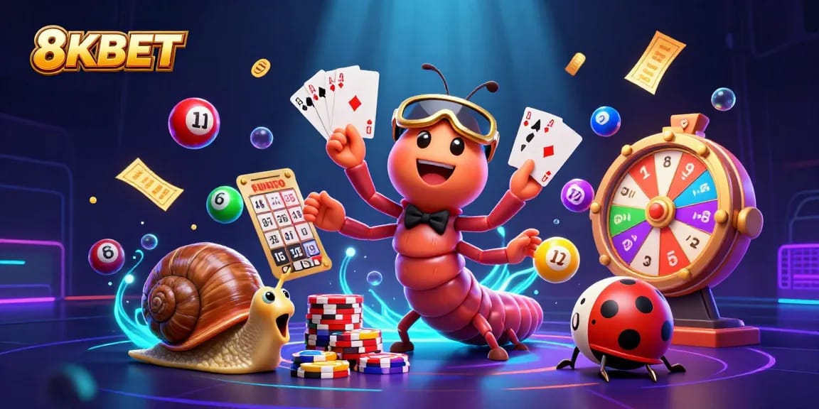 8KBET offers thrilling gameplay with colorful lottery balls, vibrant prize wheels, and lively cartoon characters.