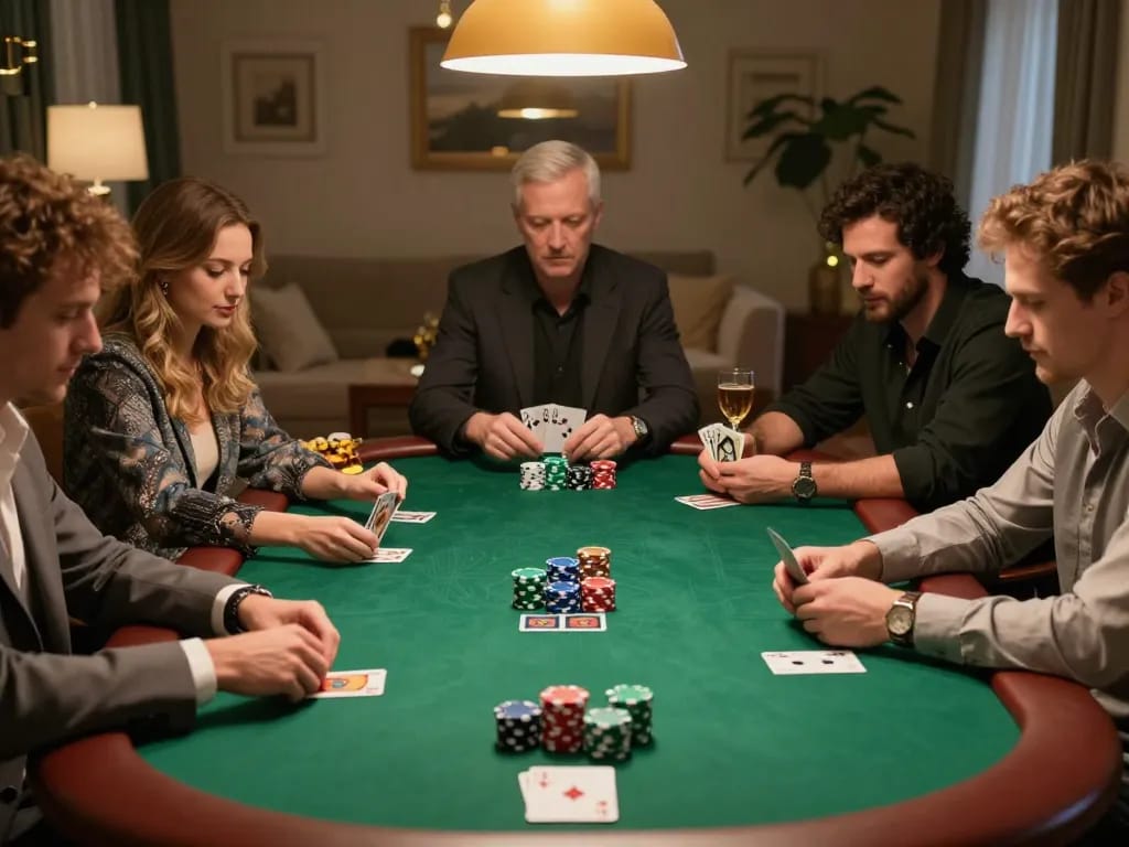net88 players strategizing during a high-stakes poker game in a cozy home environment