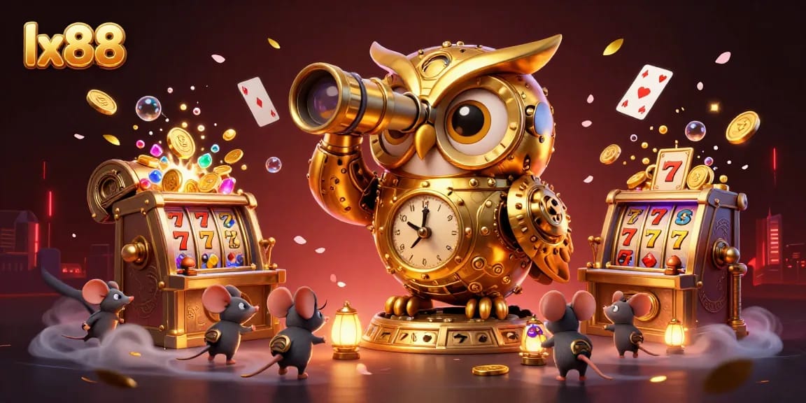 Experience the thrill of lx88 with a vibrant casino scene featuring a clockwork owl and animated game elements.
