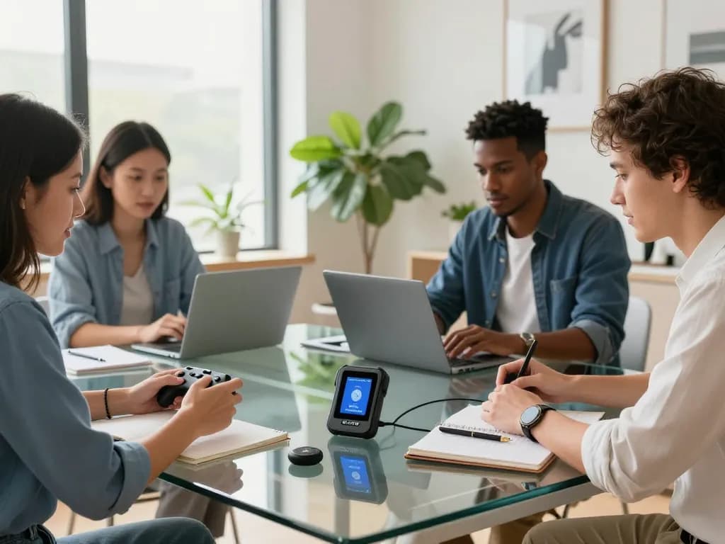 Team exploring innovative tech gadgets in a modern workspace with Bluetooth devices.