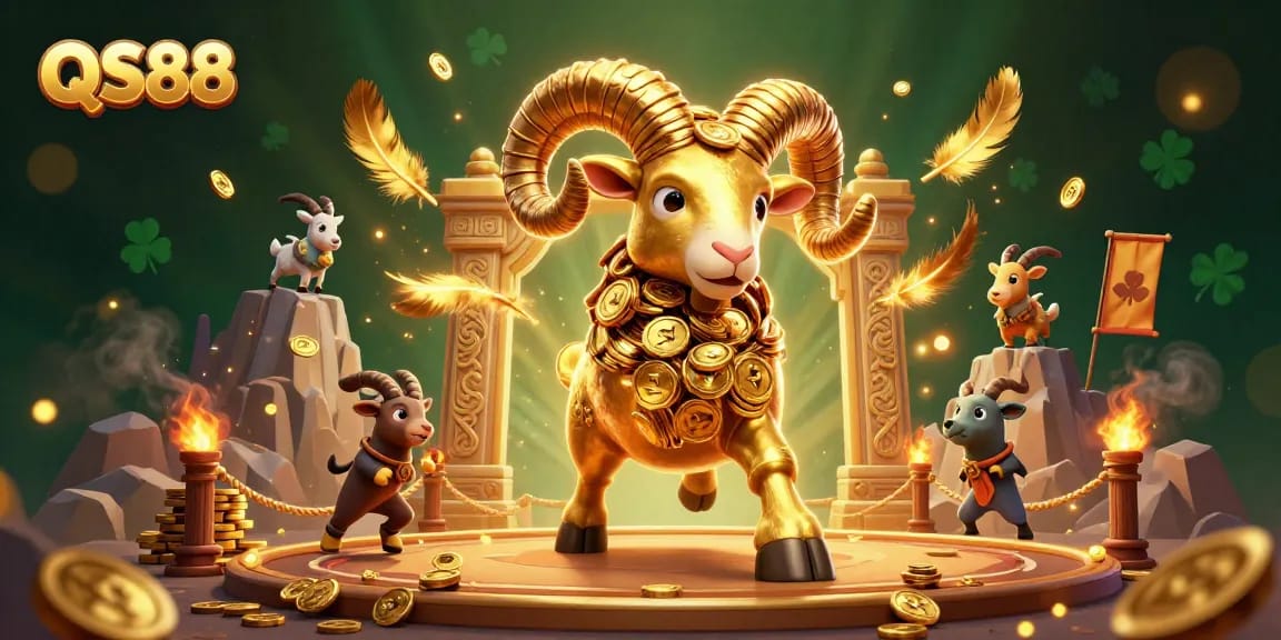 Experience the thrilling QS88 casino journey with the golden ram charging through a vibrant gaming arena.