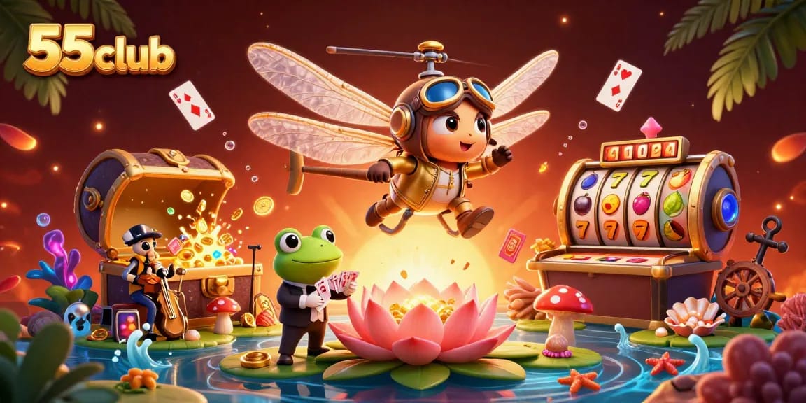 Experience the thrilling action at 55club with vibrant characters, slot reels, and casino elements!