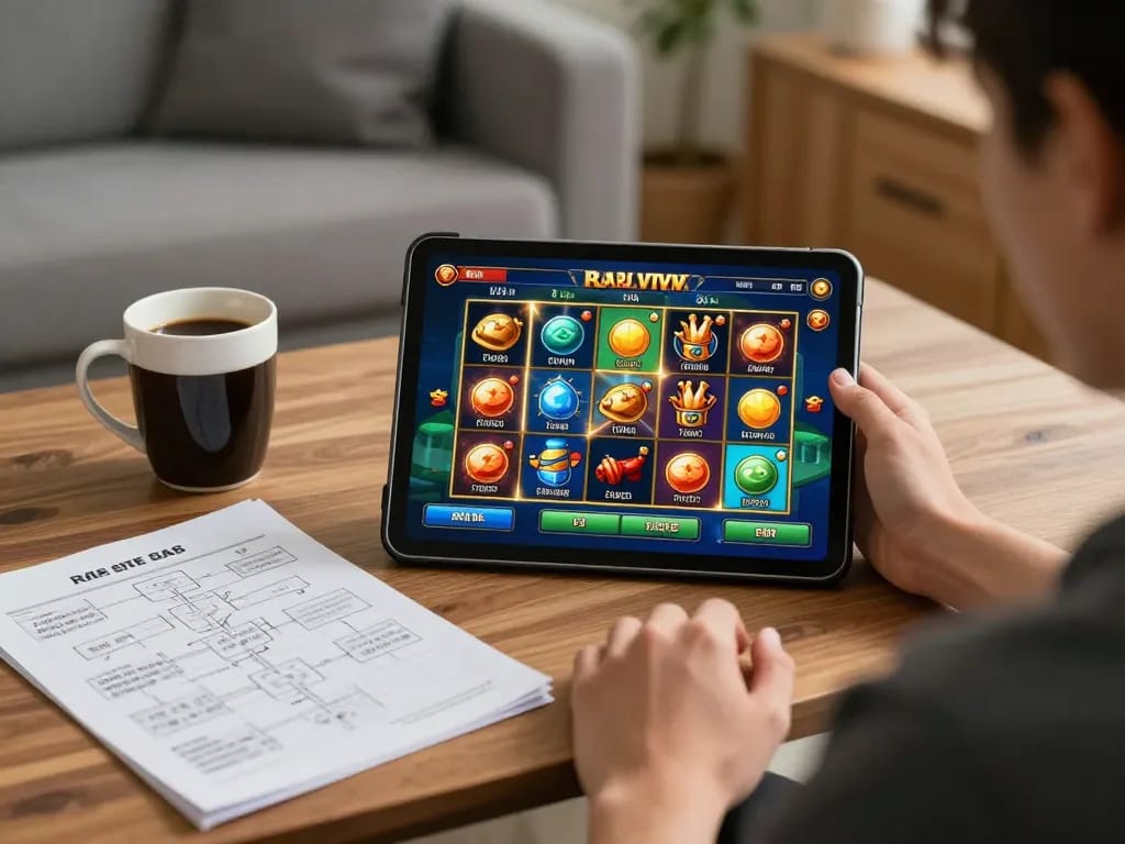 Memainkan permainan raja slot di tablet dalam suasana rumah yang nyaman, menekankan perjudian yang bertanggung jawab.