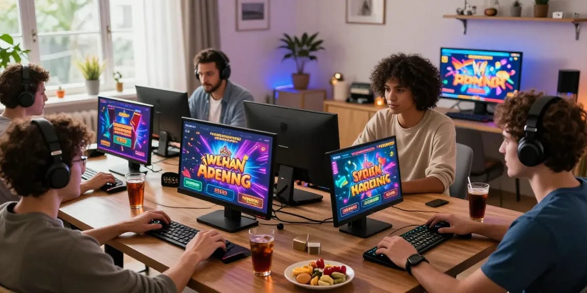 Exciting online gaming players at home enjoying casino games, highlighting the vibrant atmosphere at https://xx88.se.net/.
