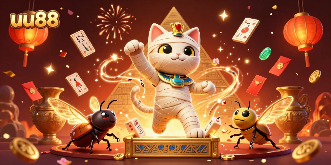 Win big at uu88 with the Egyptian mummy cat and scarab beetle in a vibrant 3D casino.
