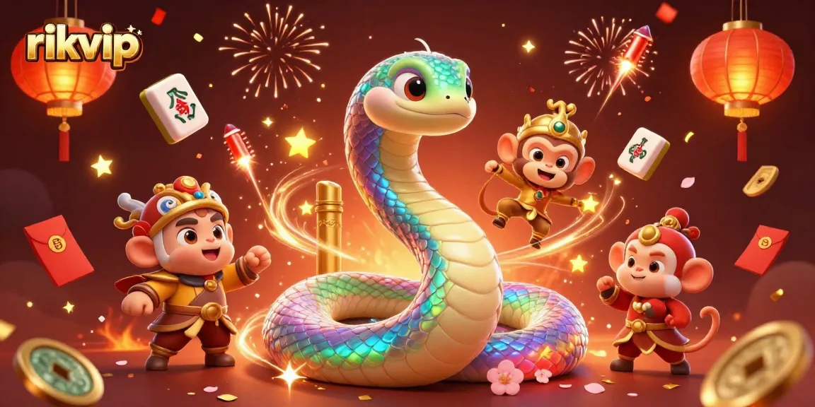 Experience the colorful world of rikvip as the rainbow serpent coils around game elements in a vibrant casino scene.