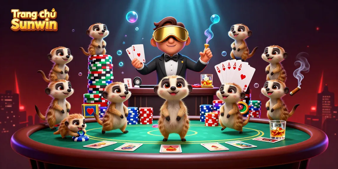 Experience Trang chủ Sunwin in a vibrant 3D casino scene with meerkats engaging in thrilling card games.