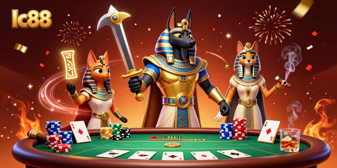 Experience thrilling gameplay at lc88 with poker action amidst mythical characters and festive atmosphere.