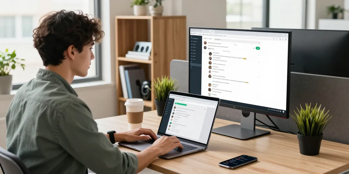 Professional using WhatsApp網頁版 on laptop in modern office setting