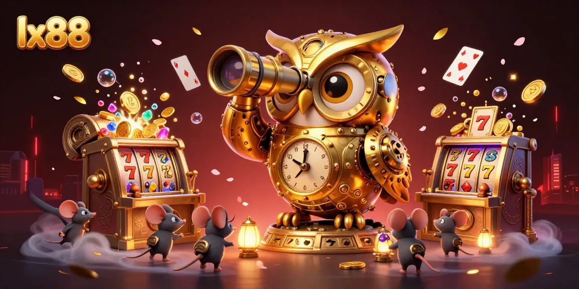 Experience the thrill of lx88 with a vibrant casino scene featuring a clockwork owl and animated game elements.