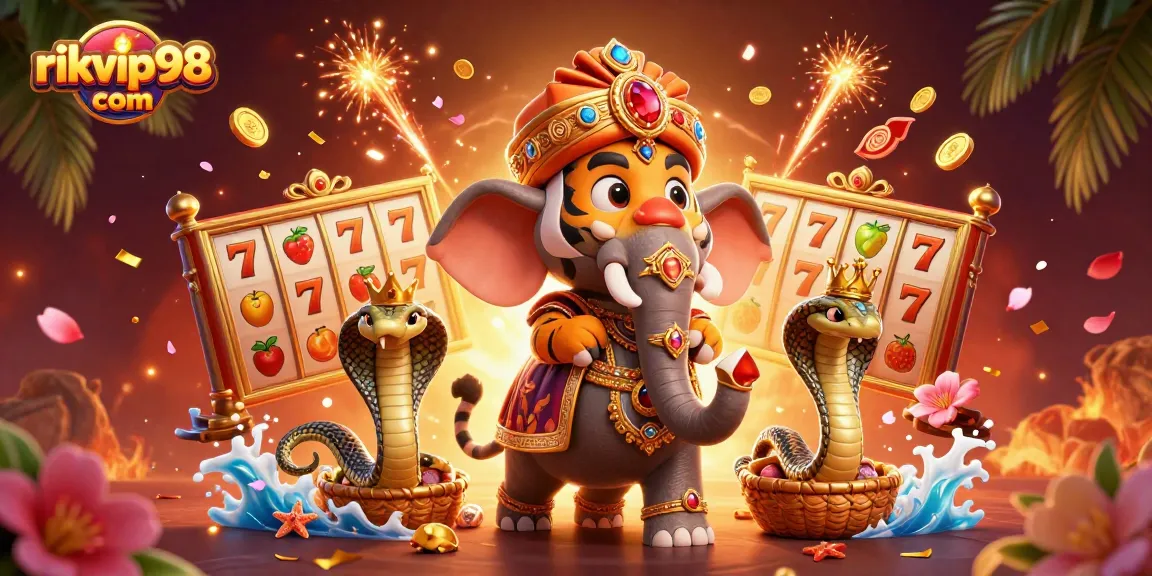 Experience thrilling wins at rikvip98 com with vibrant slots, an animated maharaja, and festive decorations.