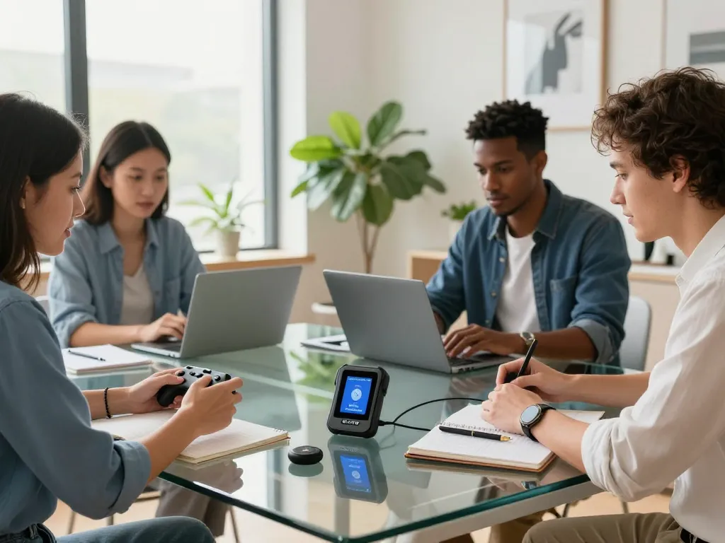 Team exploring innovative tech gadgets in a modern workspace with Bluetooth devices.