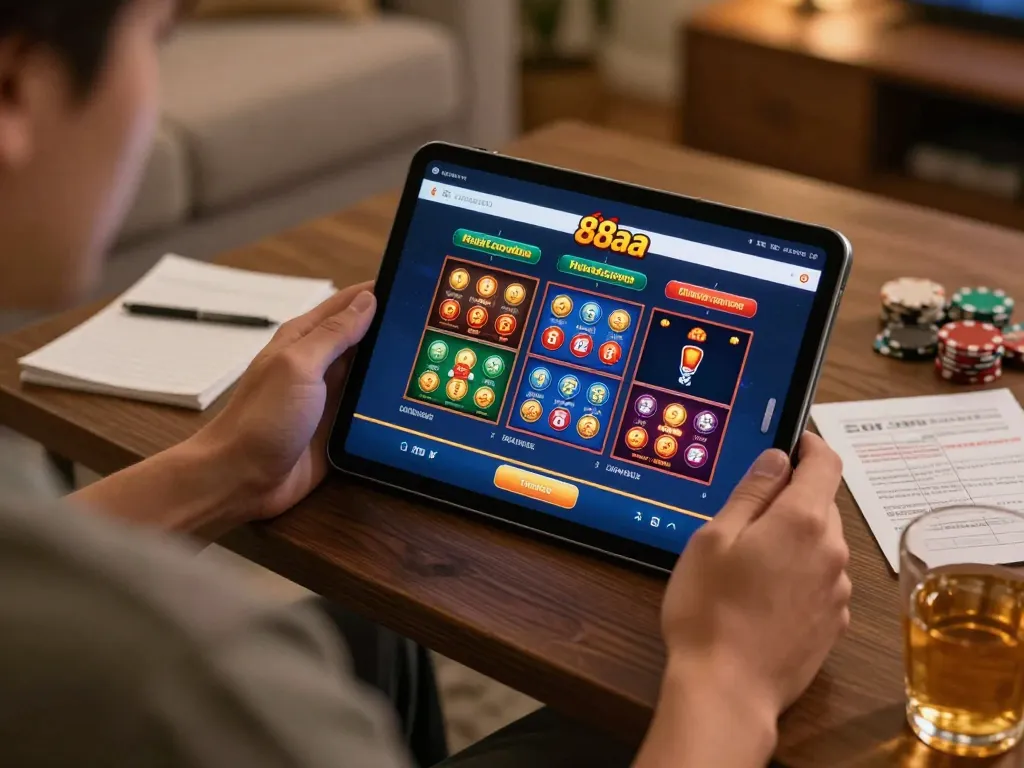 Player enjoying online gaming experience with nhà cái 88aa on a tablet in a cozy home setting.