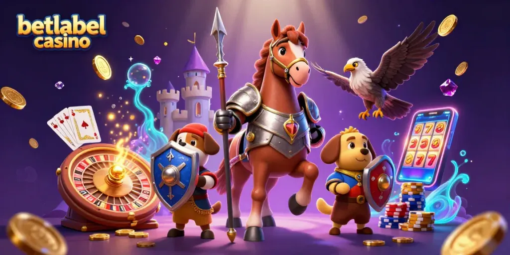 Experience the thrill of betlabel casino with knights, coins, and games in an epic scene.