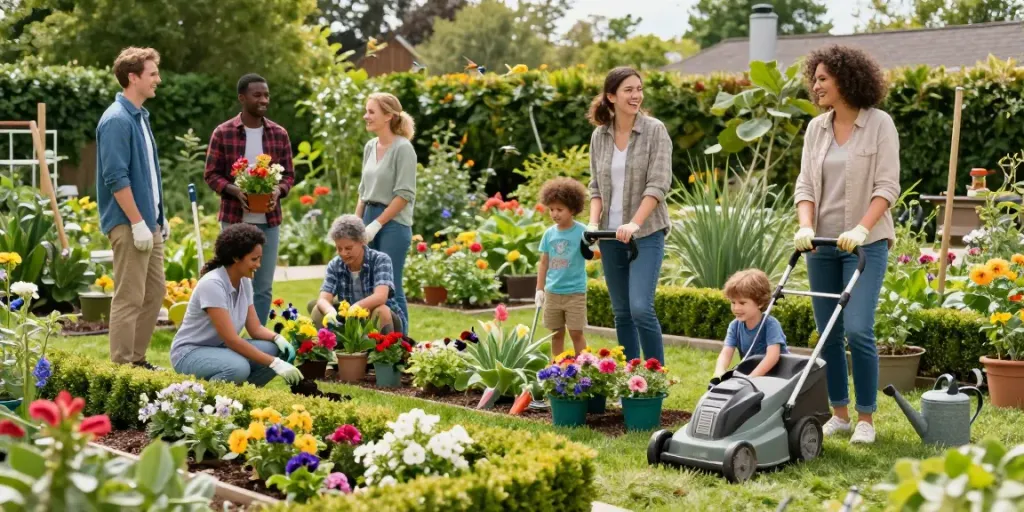 Attività di giardinaggio collaborativo con strumenti Bosch giardinaggio in un giardino fiorito e soleggiato.