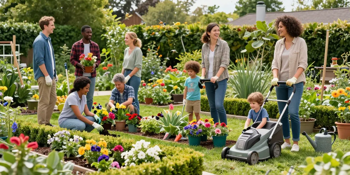 Attività di giardinaggio collaborativo con strumenti Bosch giardinaggio in un giardino fiorito e soleggiato.