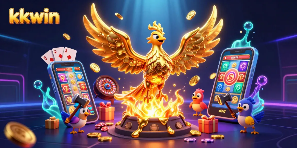 Experience thrilling gaming wins with kkwin's golden phoenix in a vibrant casino-themed illustration.