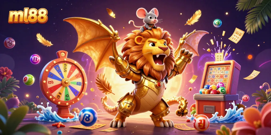 Experience thrilling wins at ml88 with a dynamic casino scene featuring playful lottery elements and a victorious chimera.