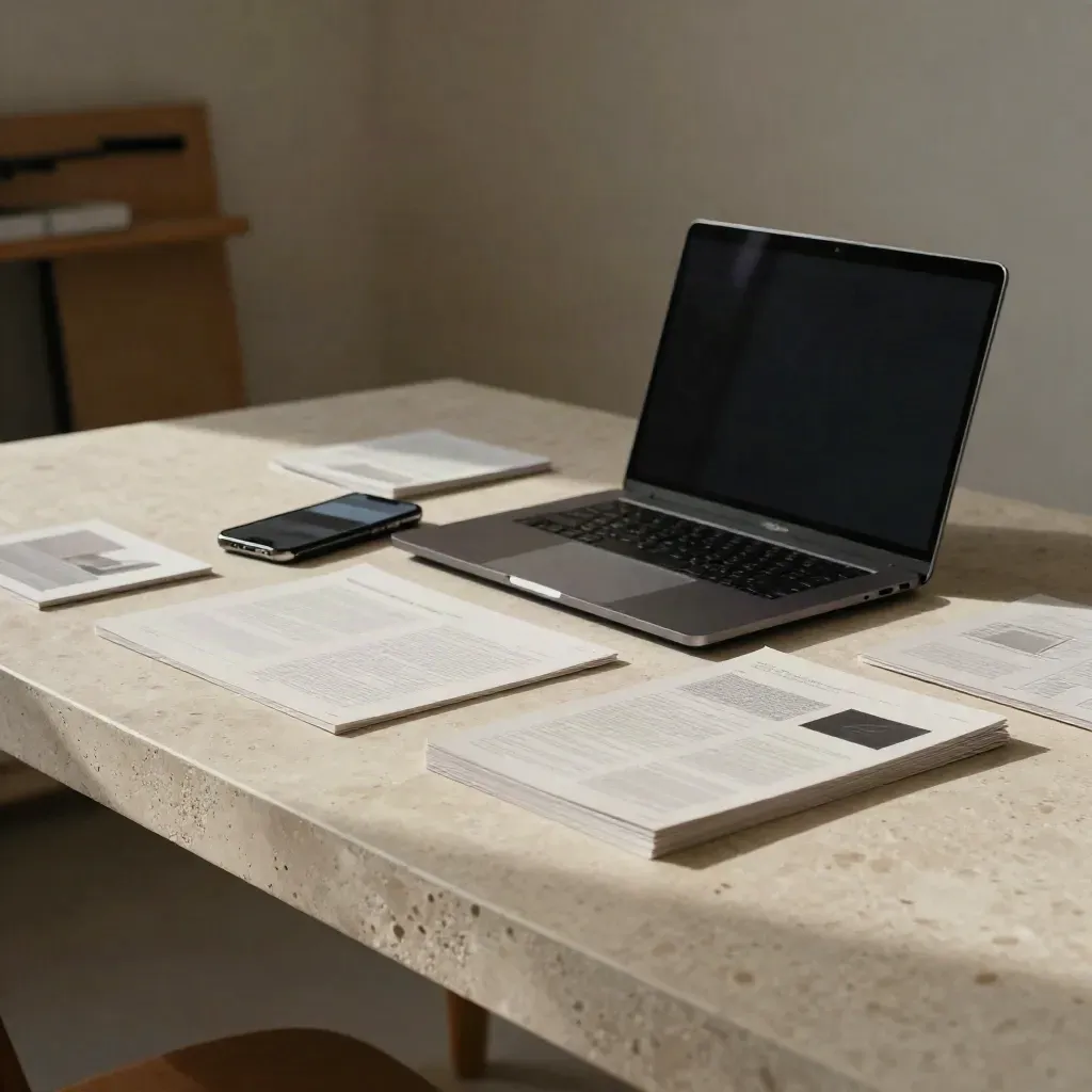 Laptop chiuso, smartphone inclinato e schede di layout su scrivania in gesso, luce naturale.