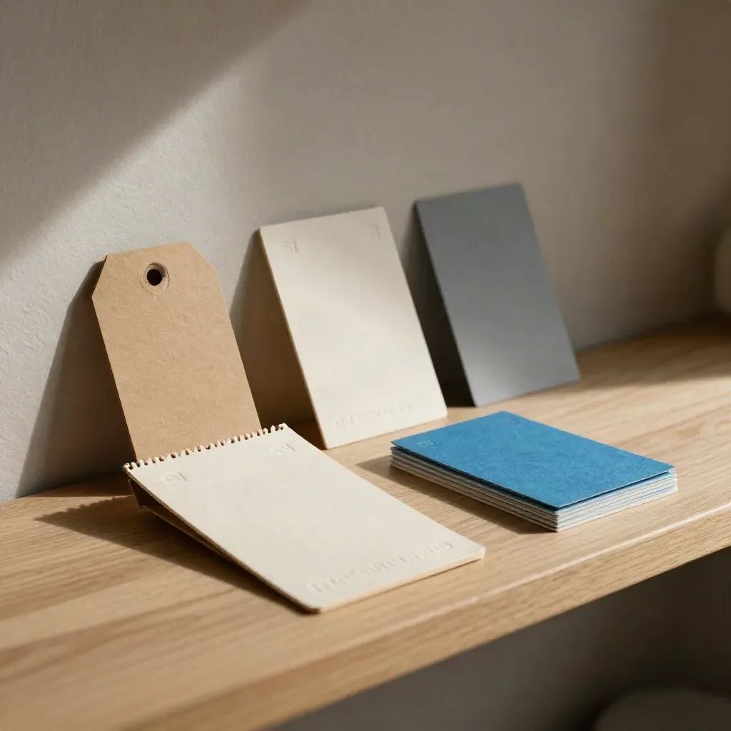 Kit identità brand su mensola in rovere: cartoncini, sleeve e hang tag con accento ciano.