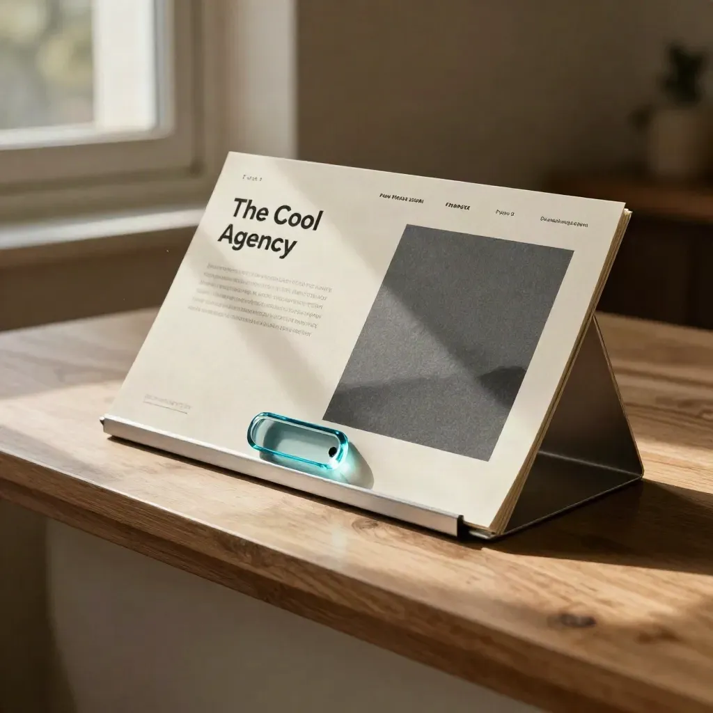 Mockup di landing page con blocchi di carta, banner hero e supporto acrilico in luce calda.