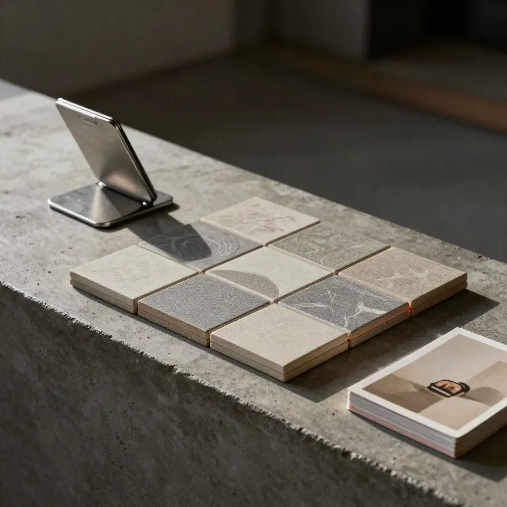 Tessere social stampate, supporto per telefono e card neutre su cemento con luce cinematica.