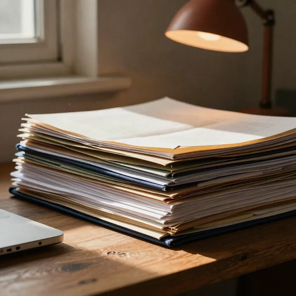 Bozze rilegati, cartelle di ricerca e laptop inclinato sotto una lampada calda.