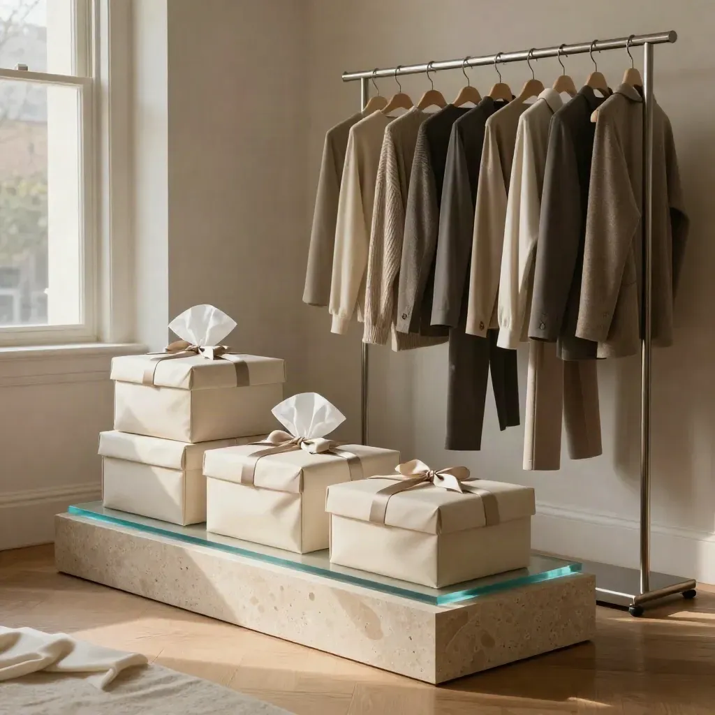 Angolo showroom moda con scatole, capi neutri, pacchi e piedistallo in luce calda