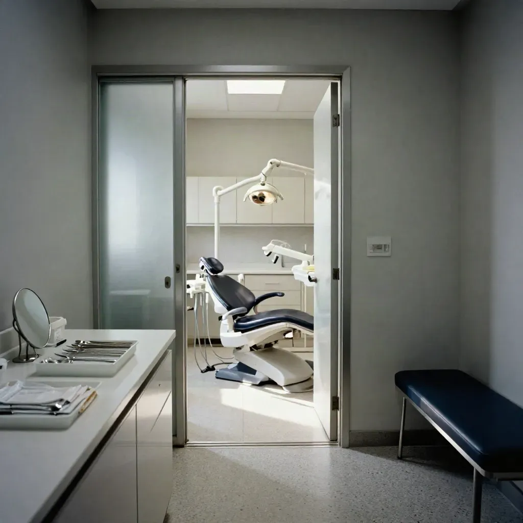 Ingresso di uno studio dentistico elegante con strumenti lucidati, luce fredda e tonalità navy.