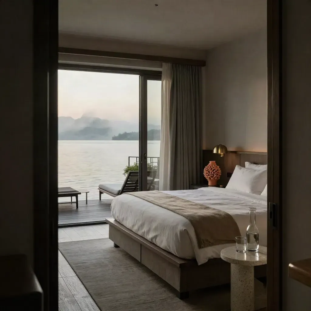Suite d'hotel sul lago con letto rifatto, caraffa in vetro e balcone aperto sulla luce del tramonto.