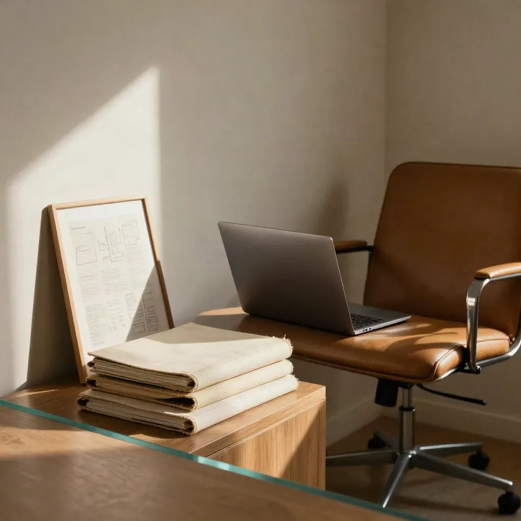 Angolo ufficio consulenza con laptop chiuso, cartelle e poltrona, luce calda pomeridiana.