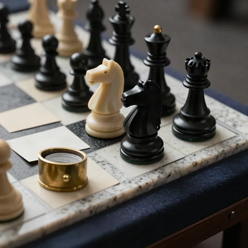 Natura morta strategica con scacchi, carte bianche, fermacarte in ottone e campioni materici su travertino.