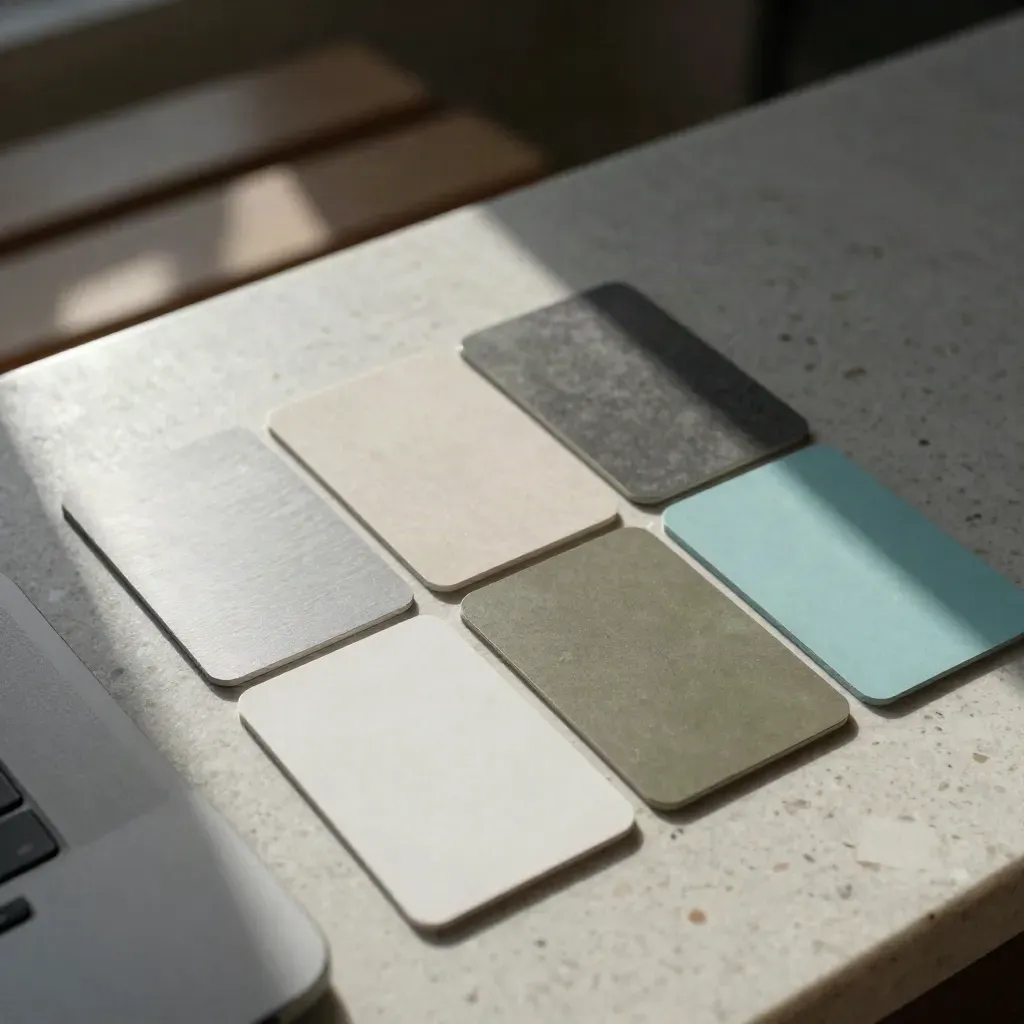 Carte layout, trackpad e campioni colore su travertino, luce radente e atmosfera pulita.