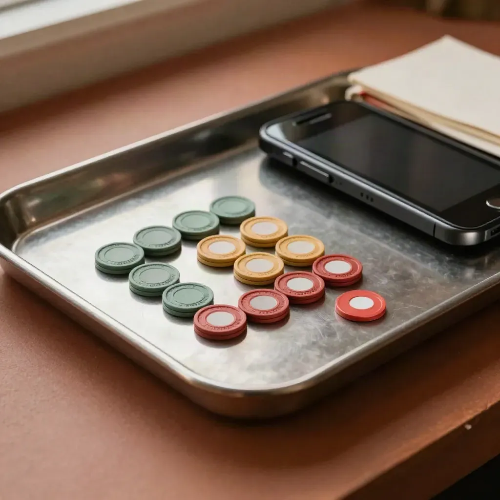 Gettoni colorati, smartphone e chips pubblicitari su vassoio metallico in luce morbida.