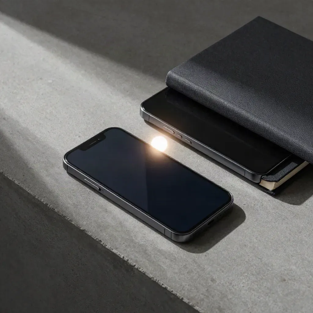 Flatlay con due telefoni, luce di stato e raccoglitore chiuso su cemento.