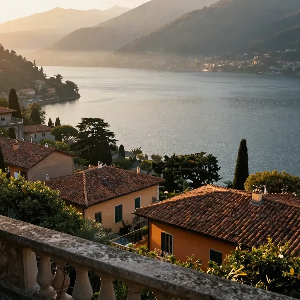 Vista del Lago di Como all’alba con ville, tetti in terracotta e foschia dorata.