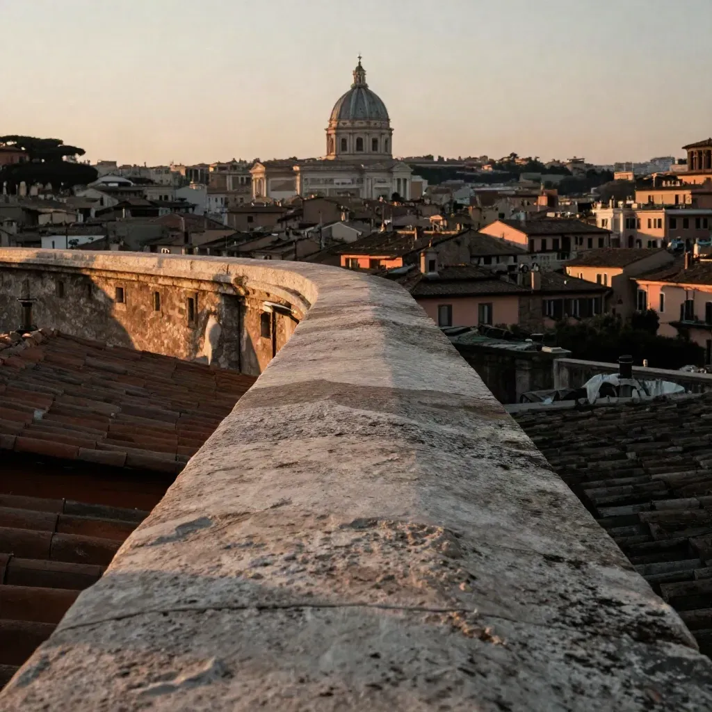 Rooftop di Roma al tramonto con cupola distante e pietra chiara in primo piano