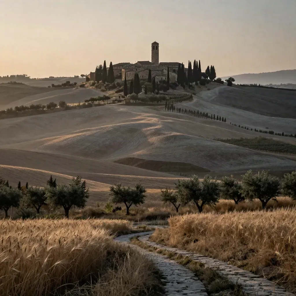 Val d’Orcia al tramonto con colline, cipressi e borgo in lontananza, luce calda e foschia.