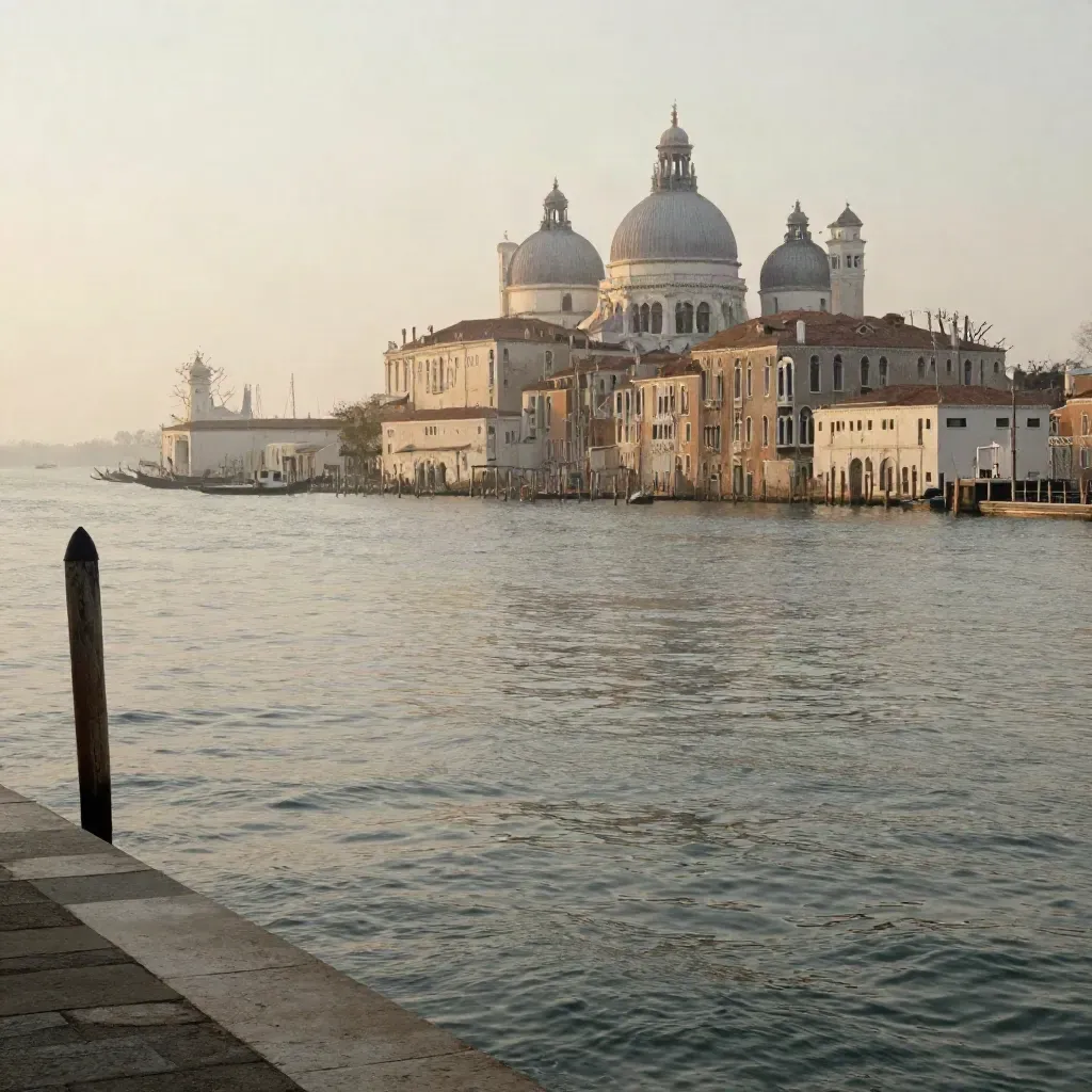 Laguna di Venezia all’alba, basiliche lontane e acqua calma sotto luce dorata.