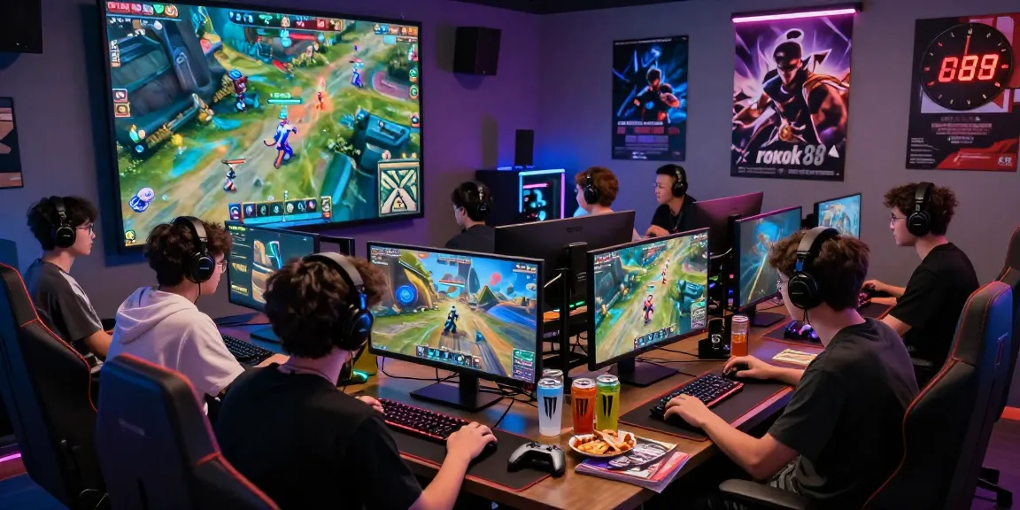Groups of gamers intensely engaged in rokok88 tournament with colorful lighting and vibrant visuals.