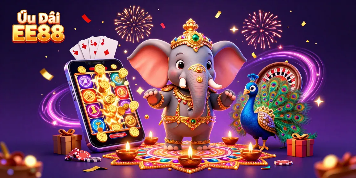 Engage with Ưu Đãi EE88 promotions through a vibrant 3D casino illustration showcasing colorful slot games, celebrating luck.