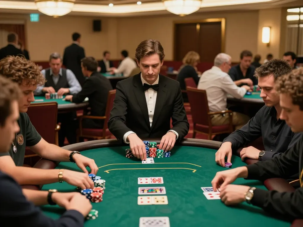 CM88 players strategizing in a high-stakes poker game within a luxe casino environment.