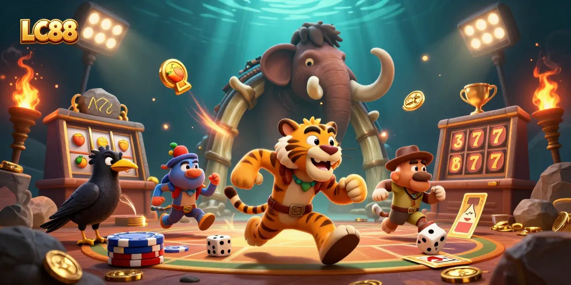 Experience the excitement of LC88 with a vibrant casino scene featuring unique characters and dynamic gambling elements.